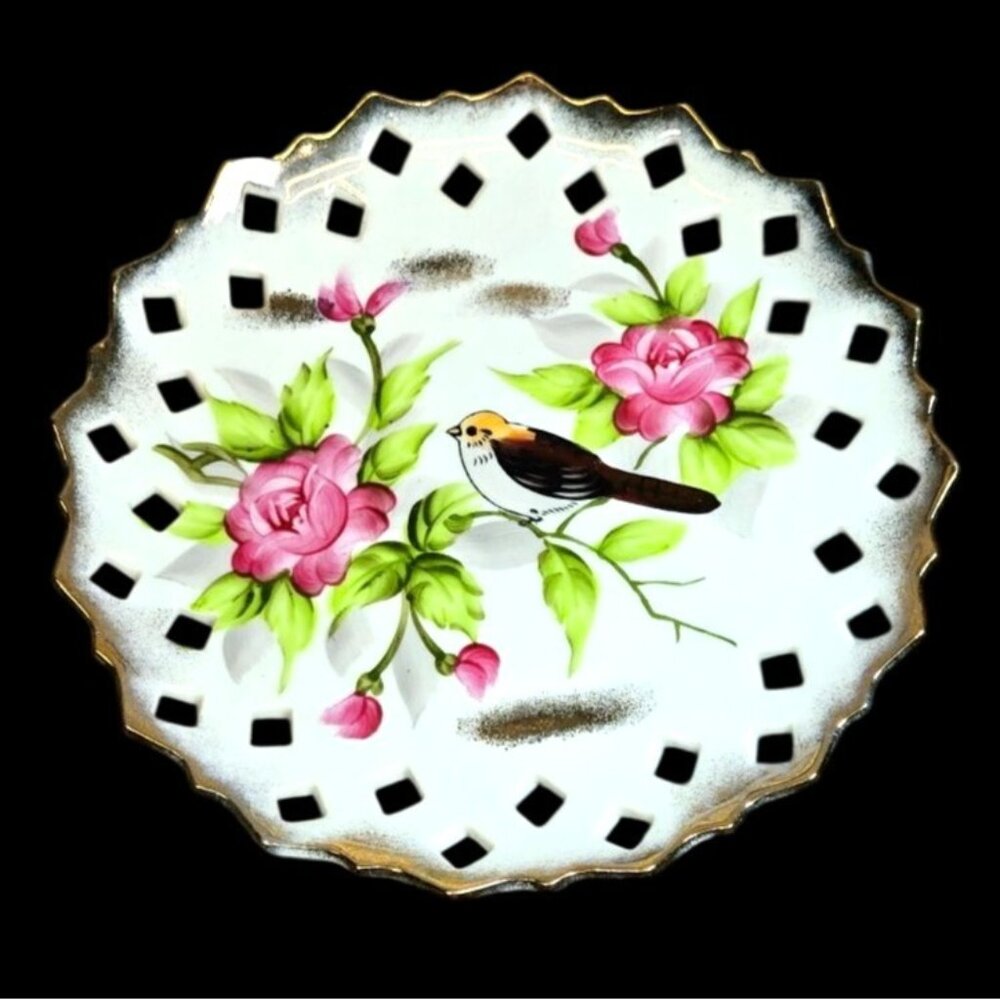 Vintage JAPAN Trimont Hand painted cake stand Bird Gold Trim Porcelain Lattice
